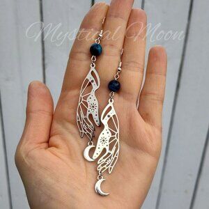 Blue Tiger’s Eye Celestial Hand Earrings with Crescent Moon Charms Silver Witchy